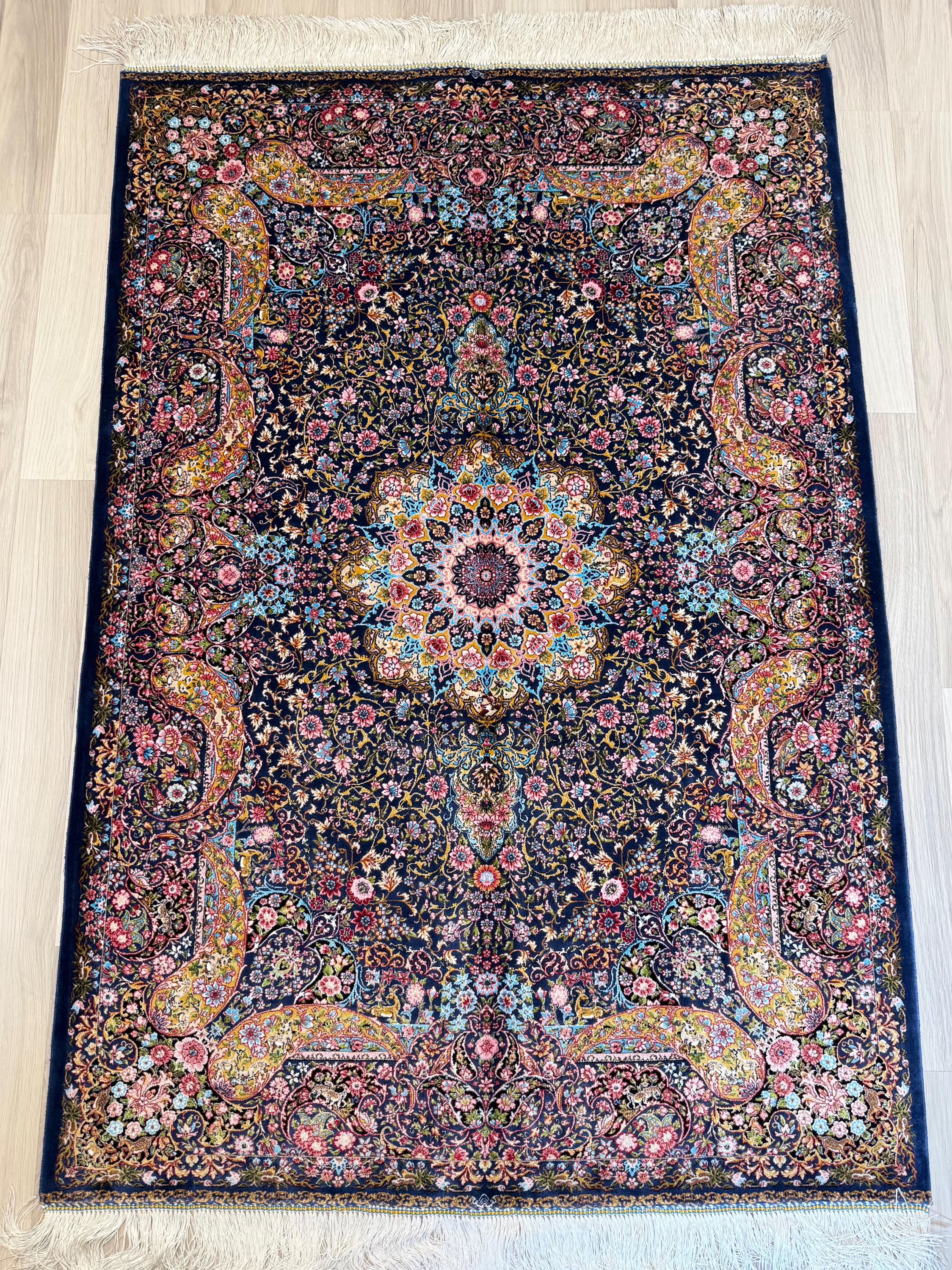 Luxury Persian Bamboo Silk Rug 100x150 cm – Robot-Woven & Hand-Knotted Edges