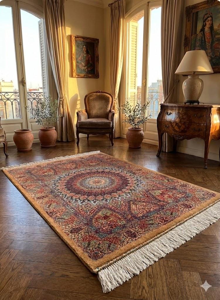 Elegant Persian Bamboo Silk Rug 60x90 cm – Robot-Woven & Hand-Knotted Edges