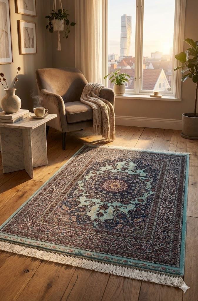 Elegant Persian Bamboo Silk Rug 60x90 cm – Robot-Woven & Hand-Knotted Edges