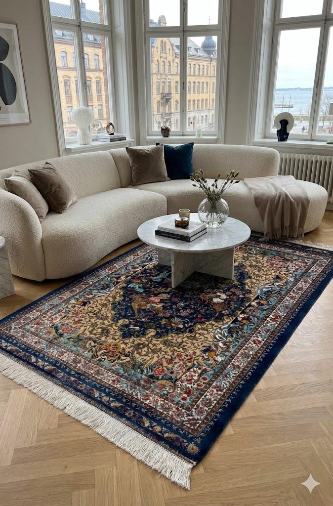 Luxury Persian Bamboo Silk Rug 100x150 cm – Robot-Woven & Hand-Knotted Edges