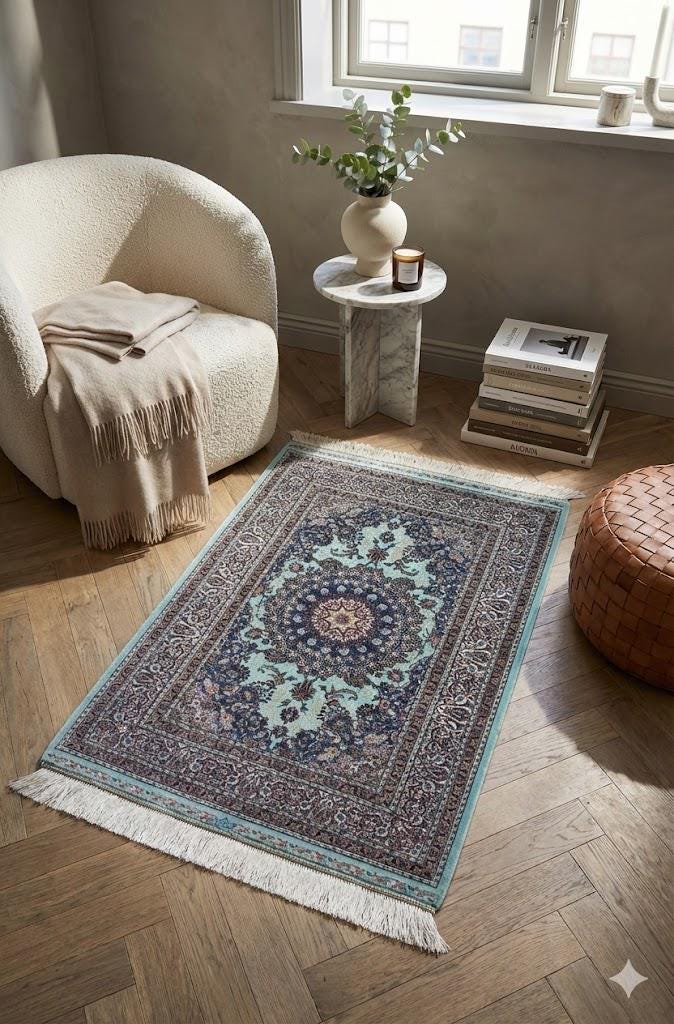 Elegant Persian Bamboo Silk Rug 60x90 cm – Robot-Woven & Hand-Knotted Edges