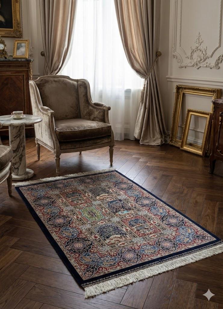 Elegant Persian Bamboo Silk Rug 60x90 cm – Robot-Woven & Hand-Knotted Edges