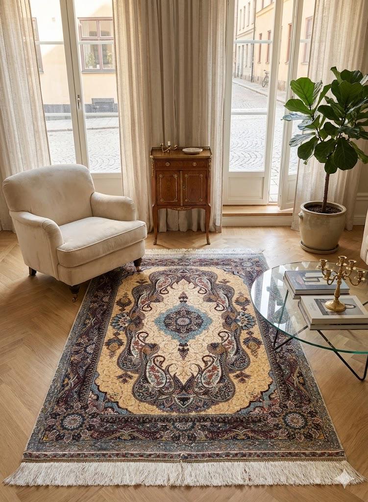 Luxury Persian Bamboo Silk Rug 100x150 cm – Robot-Woven & Hand-Knotted Edges