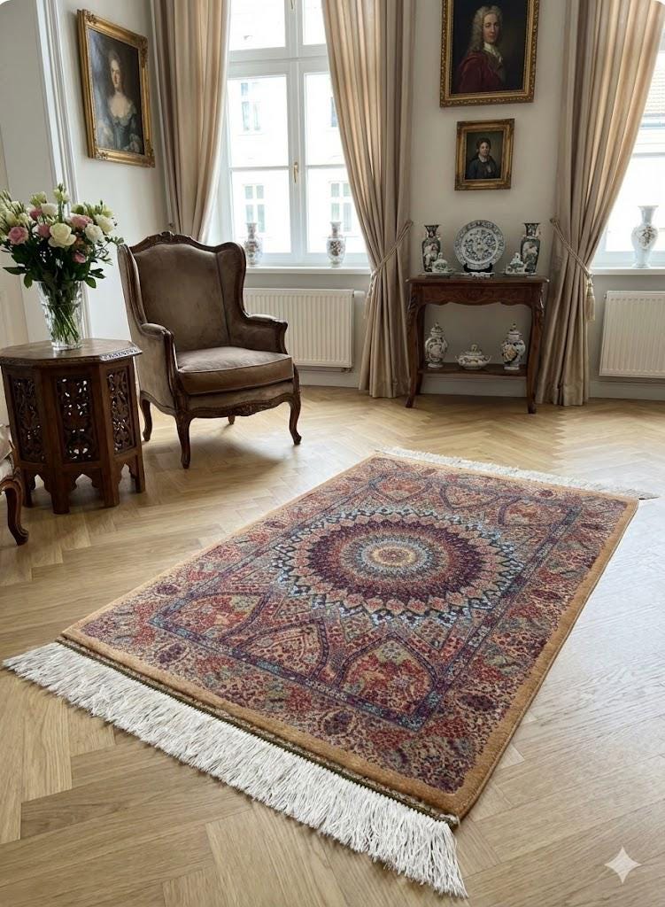 Elegant Persian Bamboo Silk Rug 60x90 cm – Robot-Woven & Hand-Knotted Edges