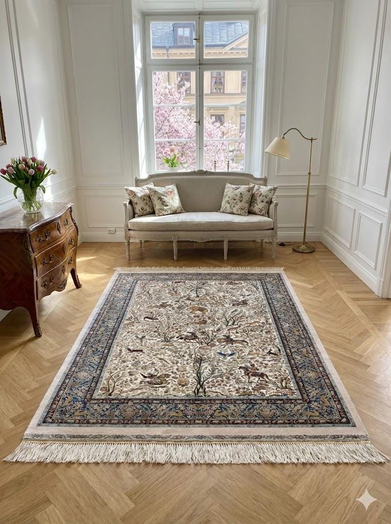 Luxury Persian Bamboo Silk Rug 100x150 cm – Robot-Woven & Hand-Knotted Edges
