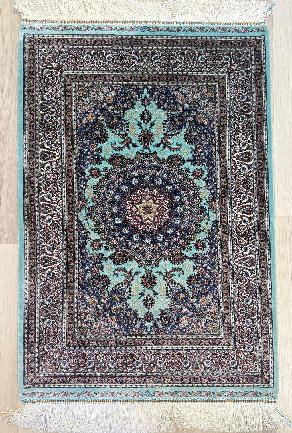 Elegant Persian Bamboo Silk Rug 60x90 cm – Robot-Woven & Hand-Knotted Edges