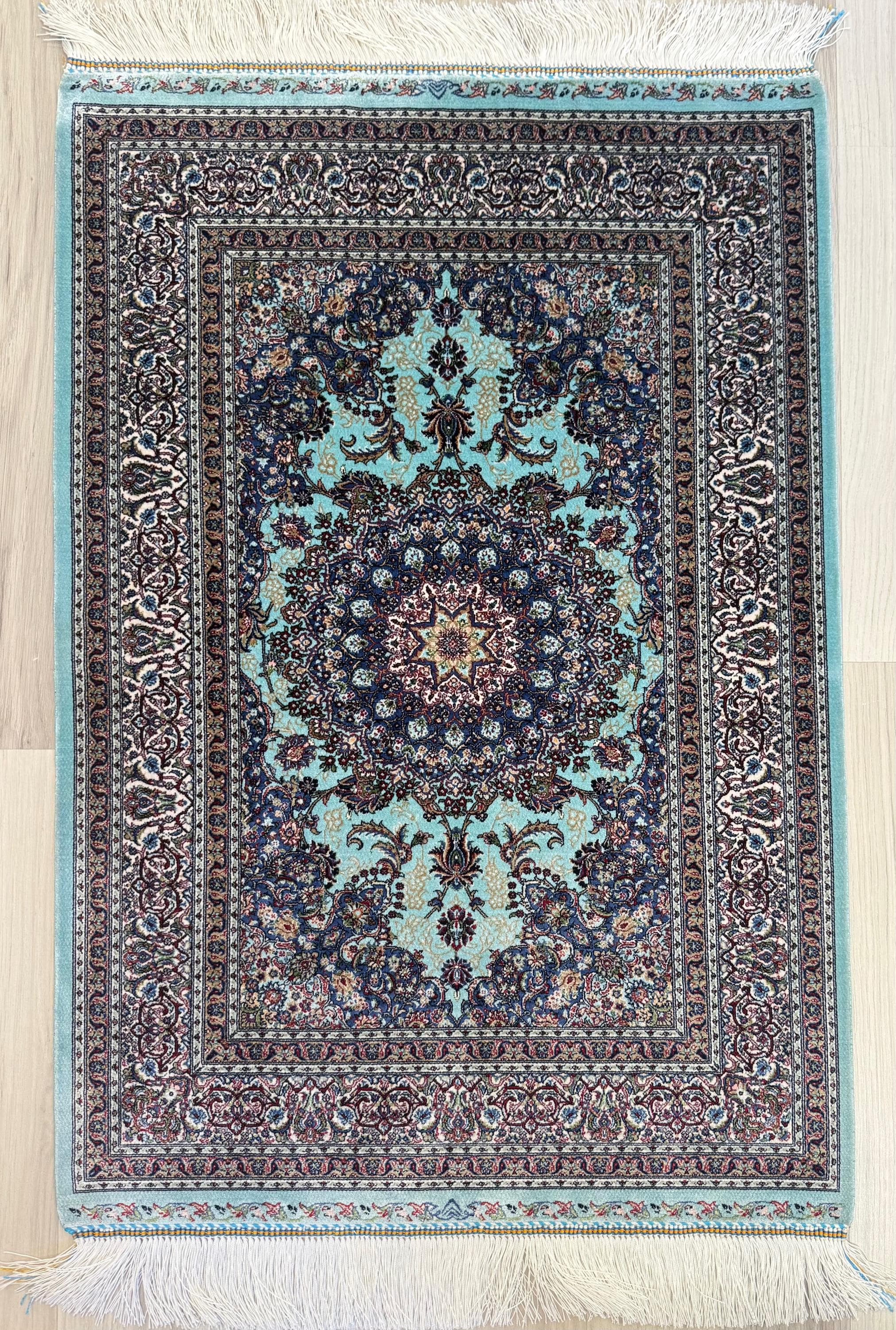 Elegant Persian Bamboo Silk Rug 60x90 cm – Robot-Woven & Hand-Knotted Edges