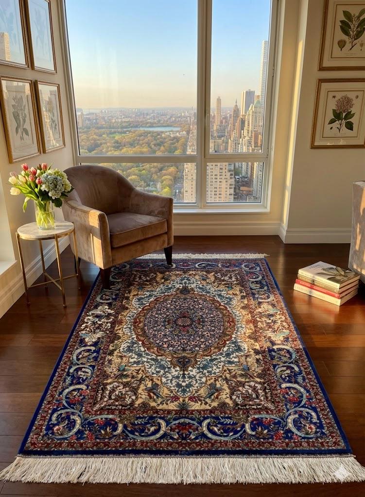 Luxury Persian Bamboo Silk Rug 100x150 cm – Robot-Woven & Hand-Knotted Edges