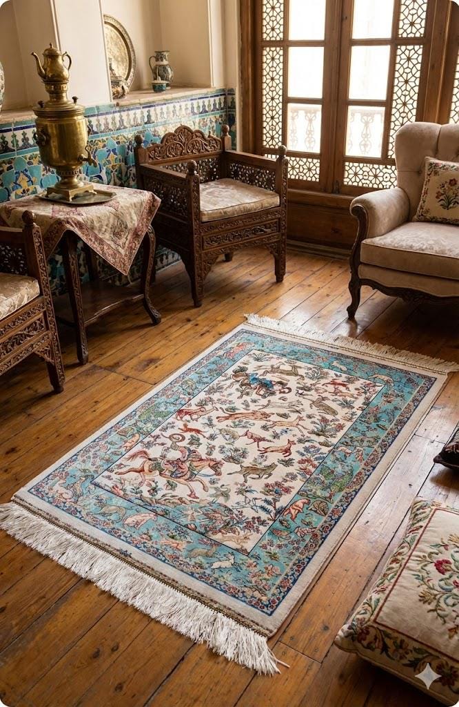 Elegant Persian Bamboo Silk Rug 60x90 cm – Robot-Woven & Hand-Knotted Edges