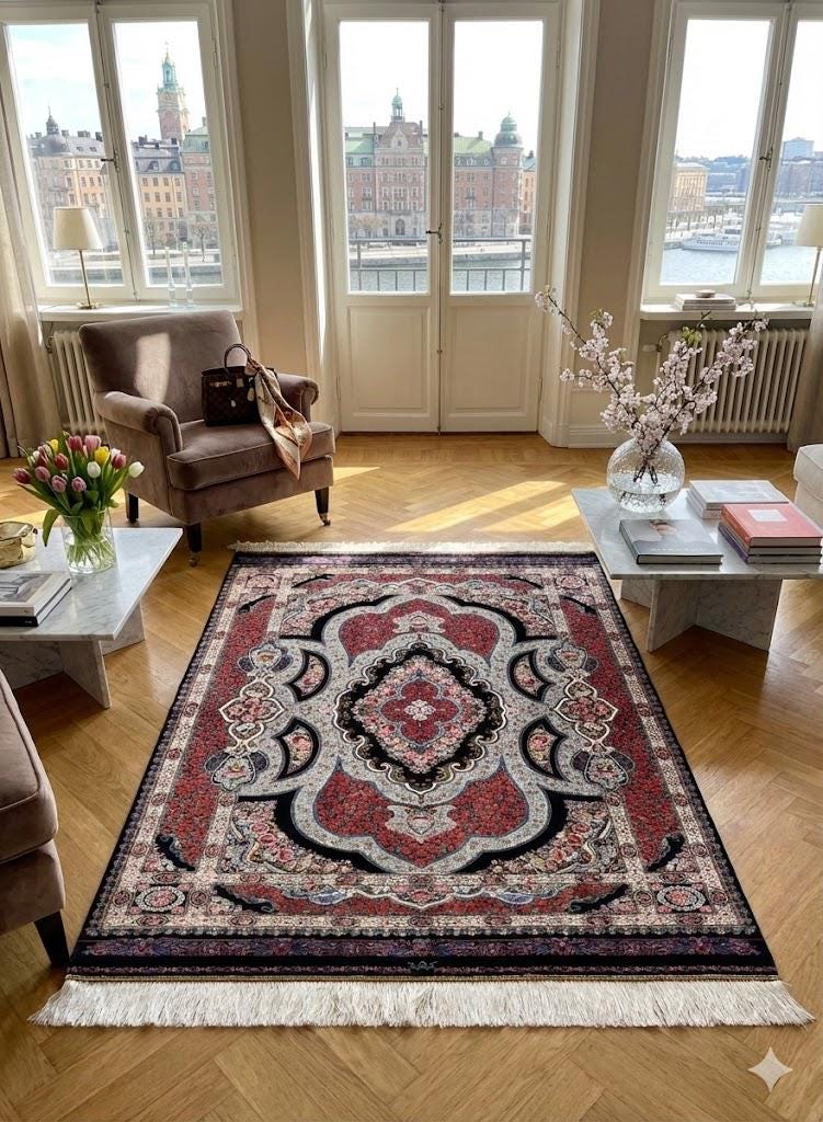 Luxury Persian Bamboo Silk Rug 100x150 cm – Robot-Woven & Hand-Knotted Edges