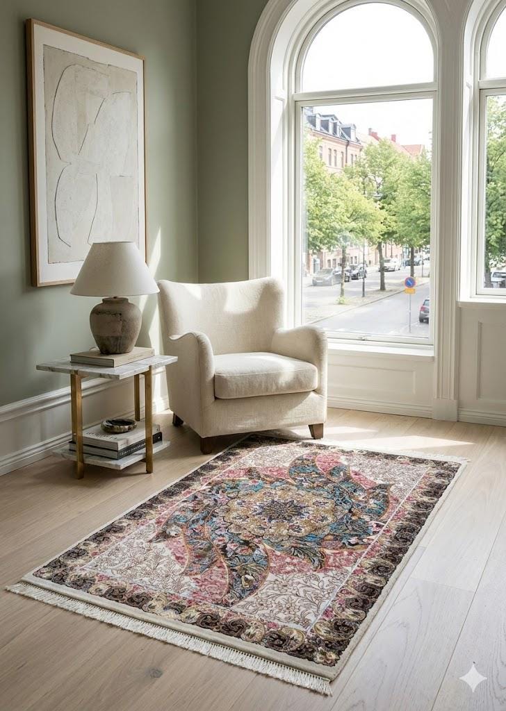 Elegant Persian Bamboo Silk Rug 60x90 cm – Robot-Woven & Hand-Knotted Edges