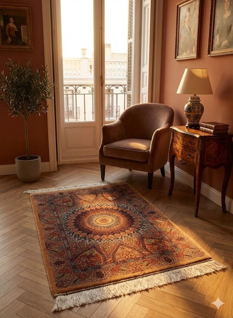 Elegant Persian Bamboo Silk Rug 60x90 cm – Robot-Woven & Hand-Knotted Edges