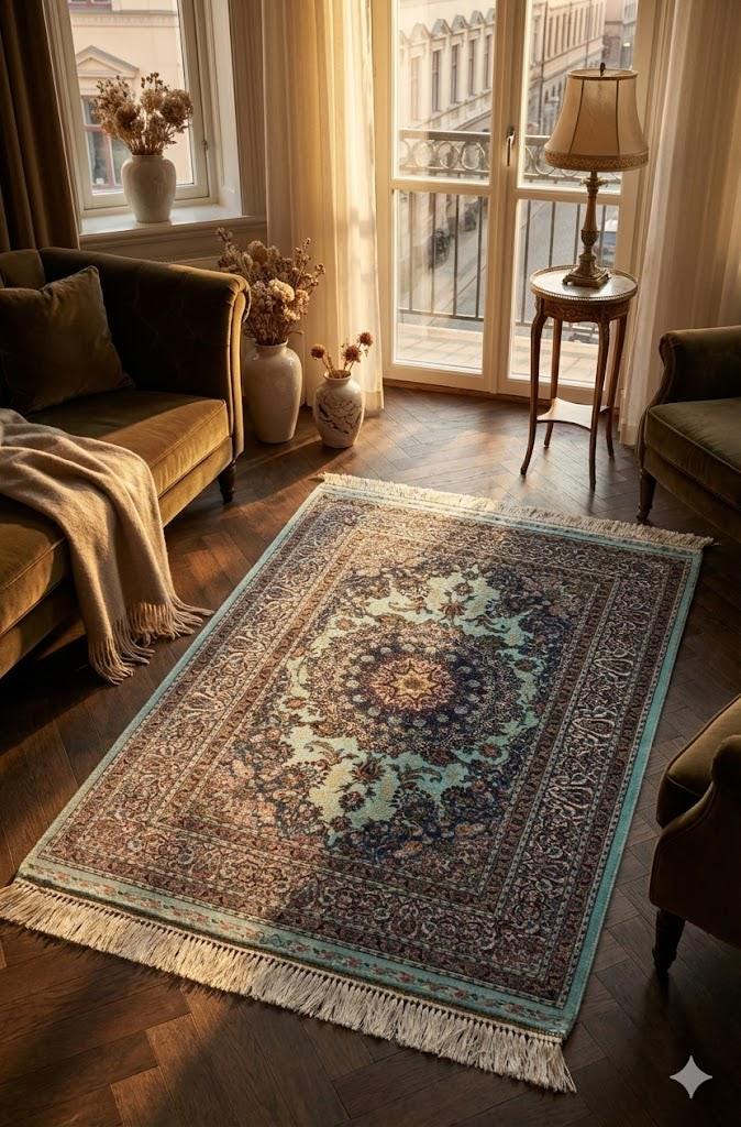 Elegant Persian Bamboo Silk Rug 60x90 cm – Robot-Woven & Hand-Knotted Edges
