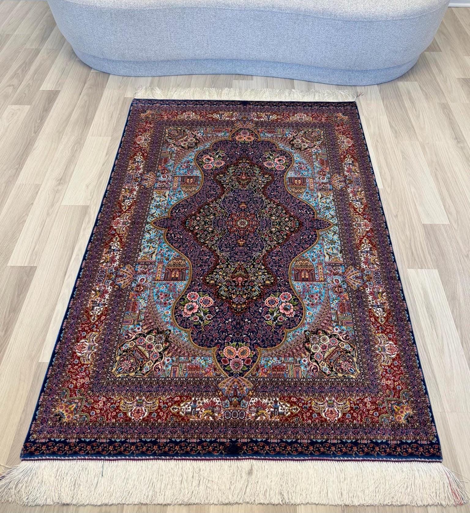 Luxury Persian Bamboo Silk Rug 100x150 cm – Robot-Woven & Hand-Knotted Edges