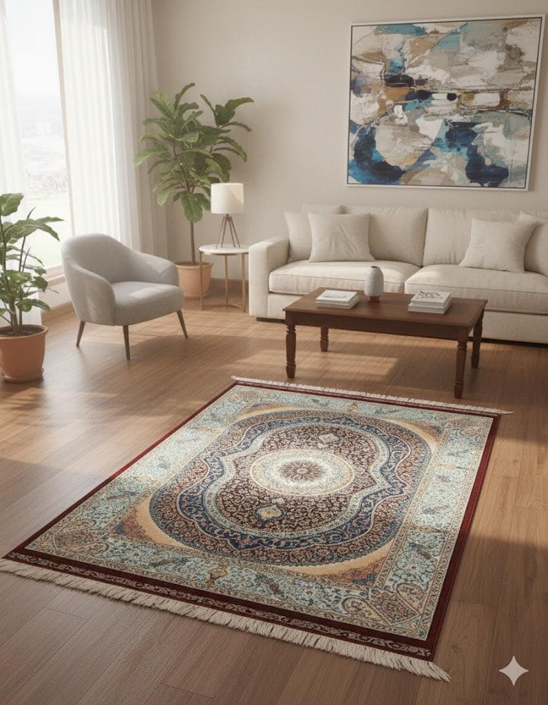 Luxury Persian Bamboo Silk Rug 100x150 cm – Robot-Woven & Hand-Knotted Edges