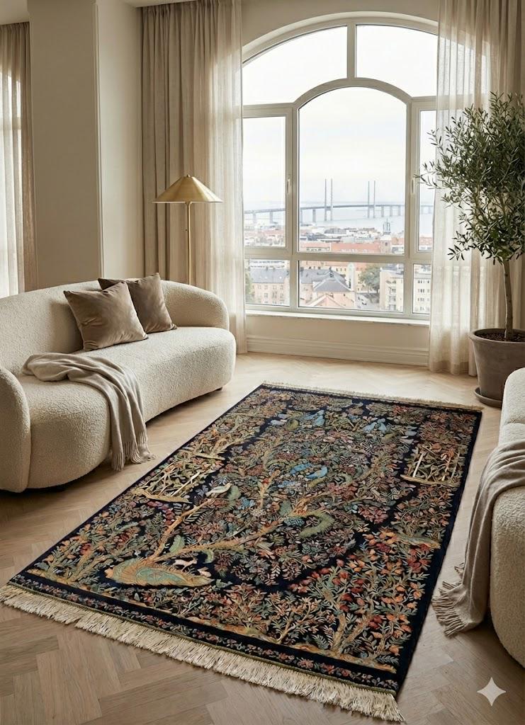Luxury Persian Bamboo Silk Rug 100x150 cm – Robot-Woven & Hand-Knotted Edges