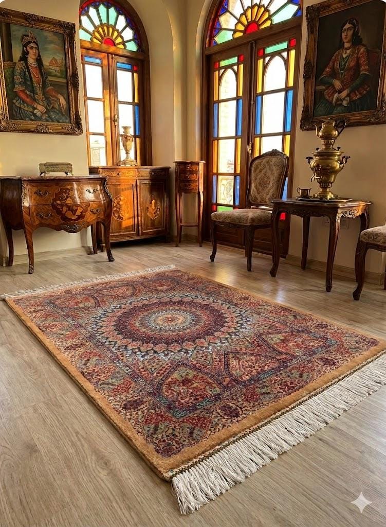 Elegant Persian Bamboo Silk Rug 60x90 cm – Robot-Woven & Hand-Knotted Edges
