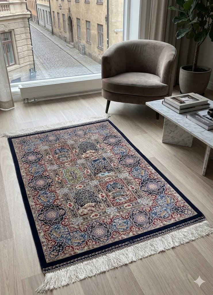 Elegant Persian Bamboo Silk Rug 60x90 cm – Robot-Woven & Hand-Knotted Edges