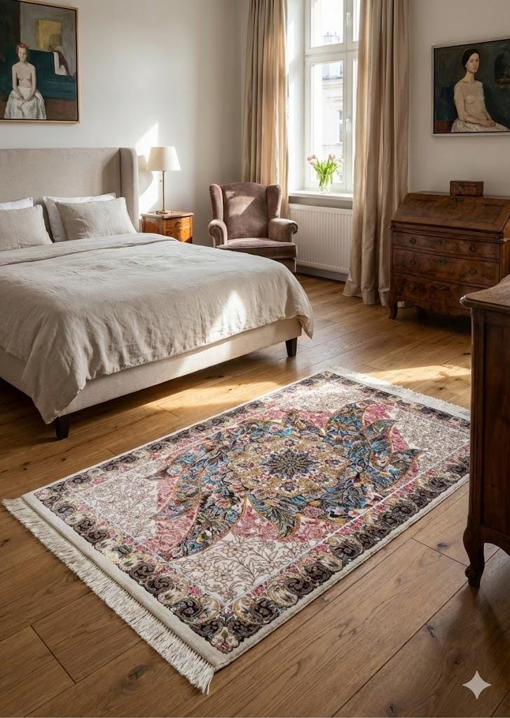 Elegant Persian Bamboo Silk Rug 60x90 cm – Robot-Woven & Hand-Knotted Edges