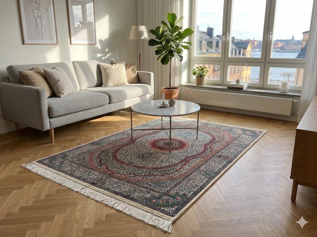 Luxury Persian Bamboo Silk Rug 100x150 cm – Robot-Woven & Hand-Knotted Edges