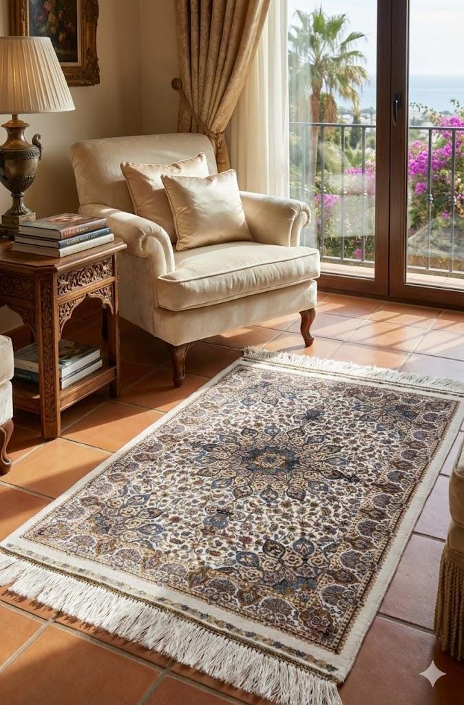Elegant Persian Bamboo Silk Rug 60x90 cm – Robot-Woven & Hand-Knotted Edges