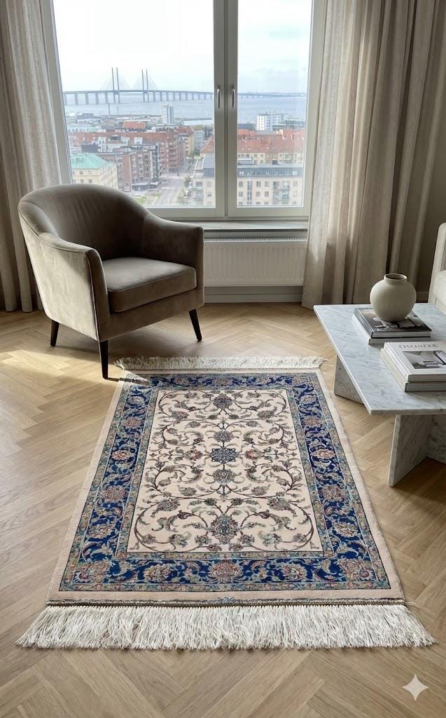 Elegant Persian Bamboo Silk Rug 60x90 cm – Robot-Woven & Hand-Knotted Edges