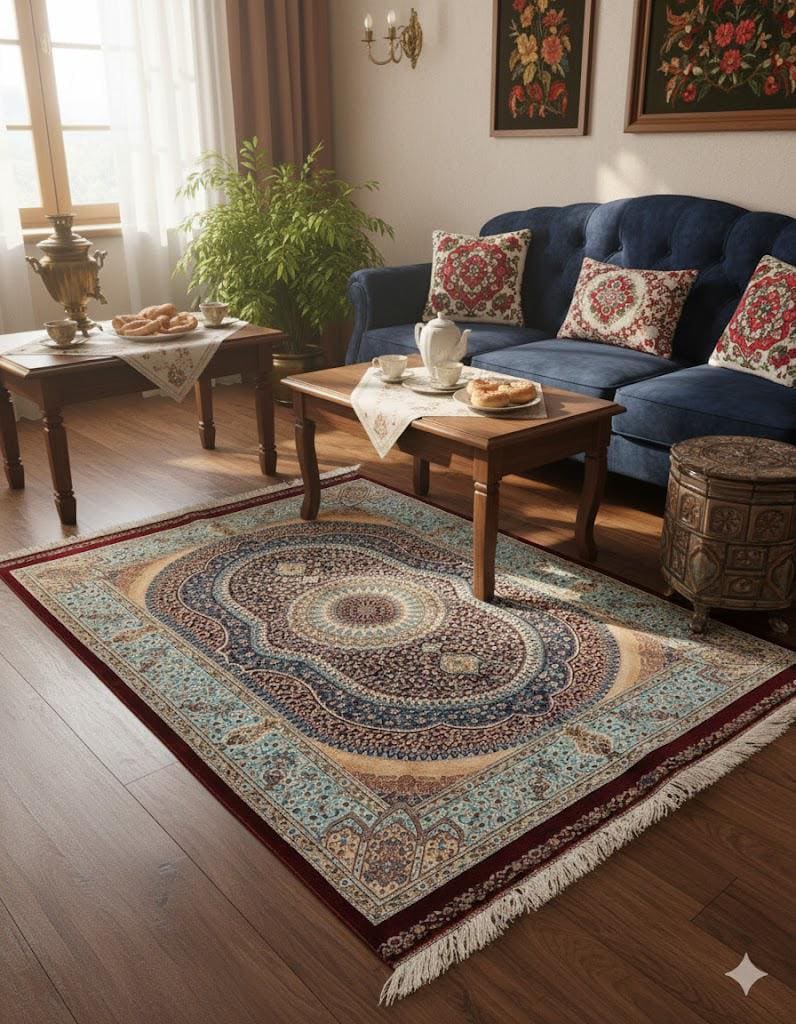 Luxury Persian Bamboo Silk Rug 100x150 cm – Robot-Woven & Hand-Knotted Edges