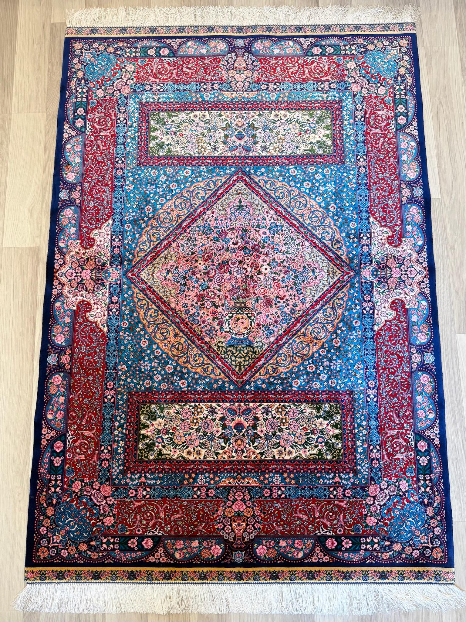 Luxury Persian Bamboo Silk Rug 100x150 cm – Robot-Woven & Hand-Knotted Edges