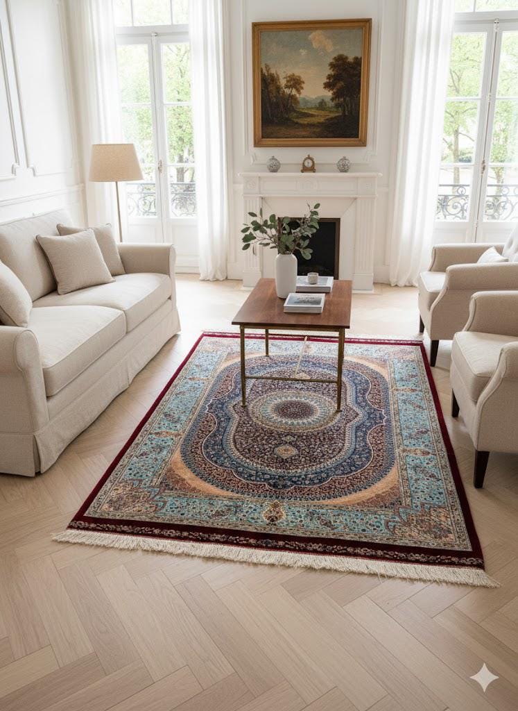 Luxury Persian Bamboo Silk Rug 100x150 cm – Robot-Woven & Hand-Knotted Edges
