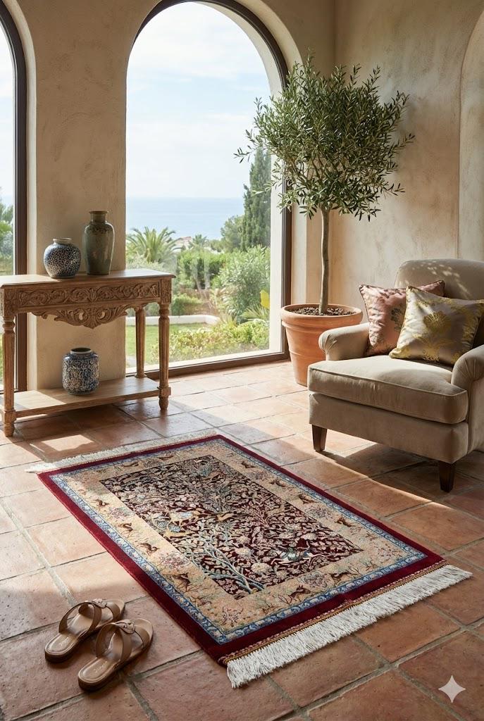 Elegant Persian Bamboo Silk Rug 60x90 cm – Robot-Woven & Hand-Knotted Edges