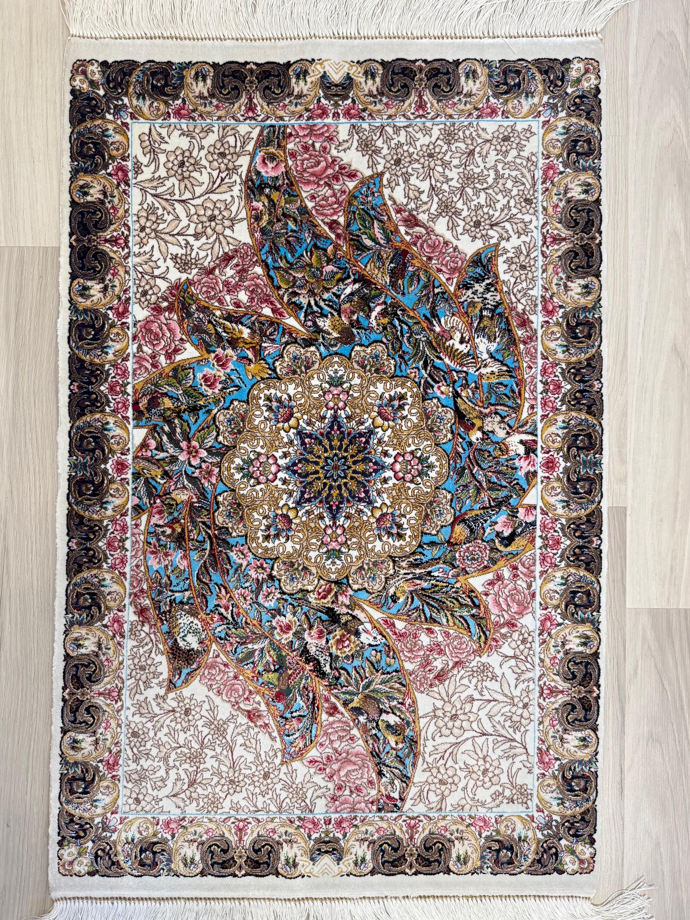 Elegant Persian Bamboo Silk Rug 60x90 cm – Robot-Woven & Hand-Knotted Edges