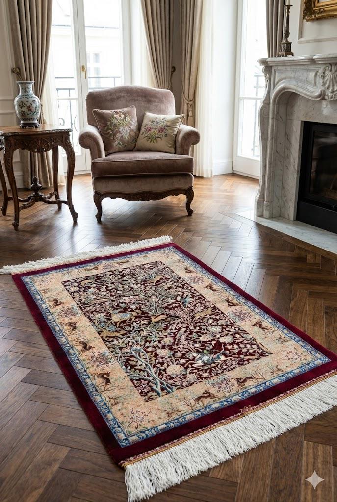 Elegant Persian Bamboo Silk Rug 60x90 cm – Robot-Woven & Hand-Knotted Edges