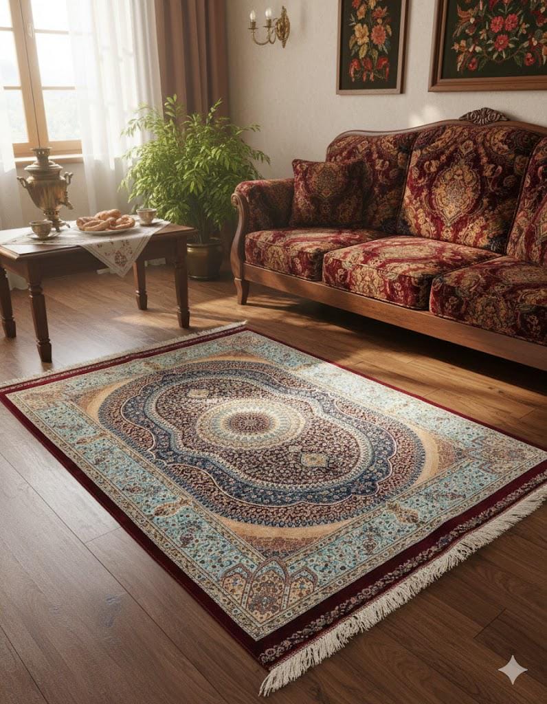 Luxury Persian Bamboo Silk Rug 100x150 cm – Robot-Woven & Hand-Knotted Edges