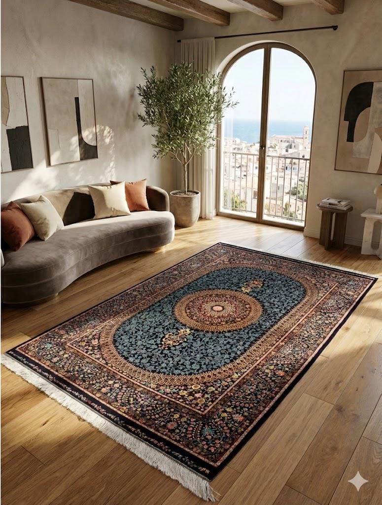 Luxury Persian Bamboo Silk Rug 100x150 cm – Robot-Woven & Hand-Knotted Edges