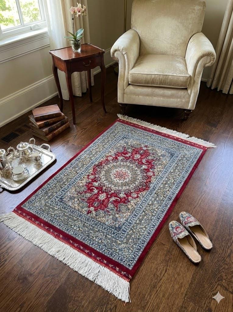 Elegant Persian Bamboo Silk Rug 60x90 cm – Robot-Woven & Hand-Knotted Edges