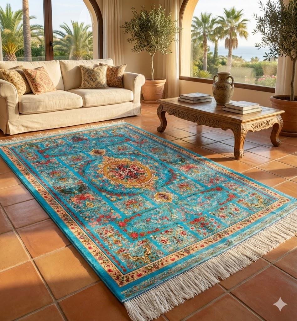 Luxury Persian Bamboo Silk Rug 85x125 cm – Robot-Woven & Hand-Knotted Edges
