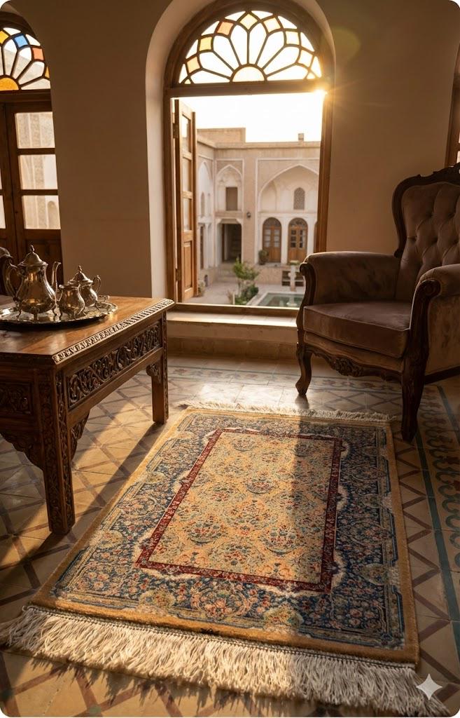 Elegant Persian Bamboo Silk Rug 60x90 cm – Robot-Woven & Hand-Knotted Edges