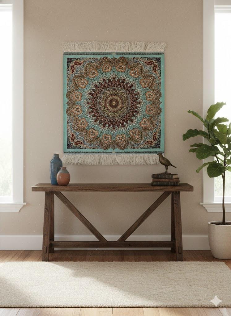 Luxury Persian Bamboo Silk Rug Wall Art Rug 70x70 cm – Robot-Woven & Hand-Knotted Edges