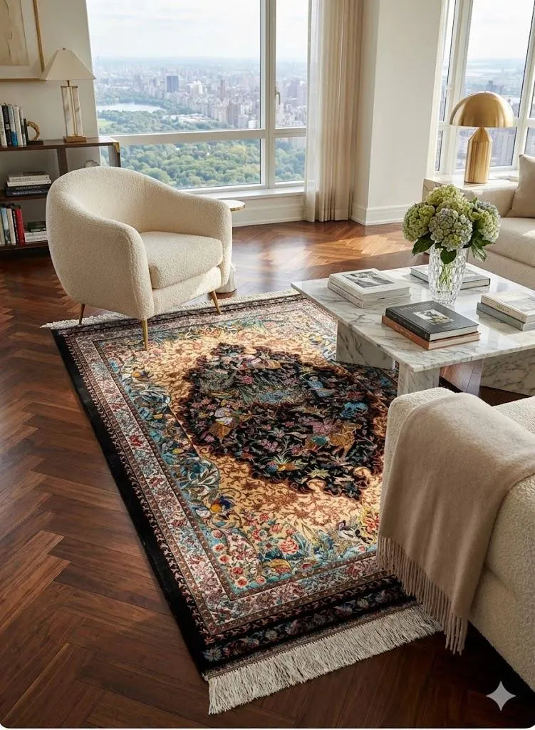 Luxury Persian Bamboo Silk Rug 100x150 cm – Robot-Woven & Hand-Knotted Edges