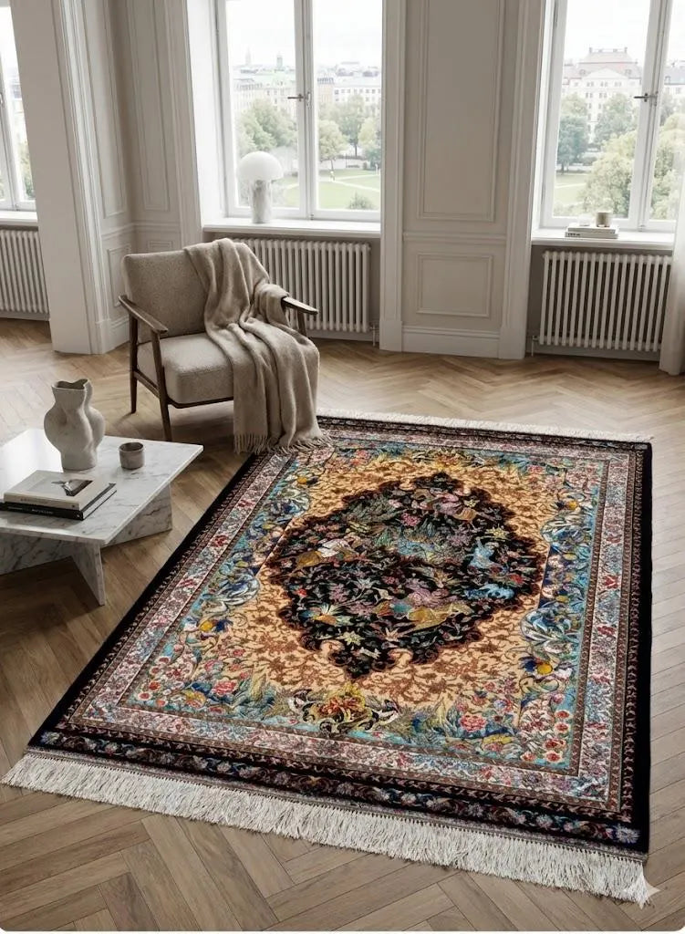 Luxury Persian Bamboo Silk Rug 100x150 cm – Robot-Woven & Hand-Knotted Edges