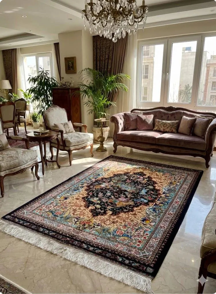 Luxury Persian Bamboo Silk Rug 100x150 cm – Robot-Woven & Hand-Knotted Edges