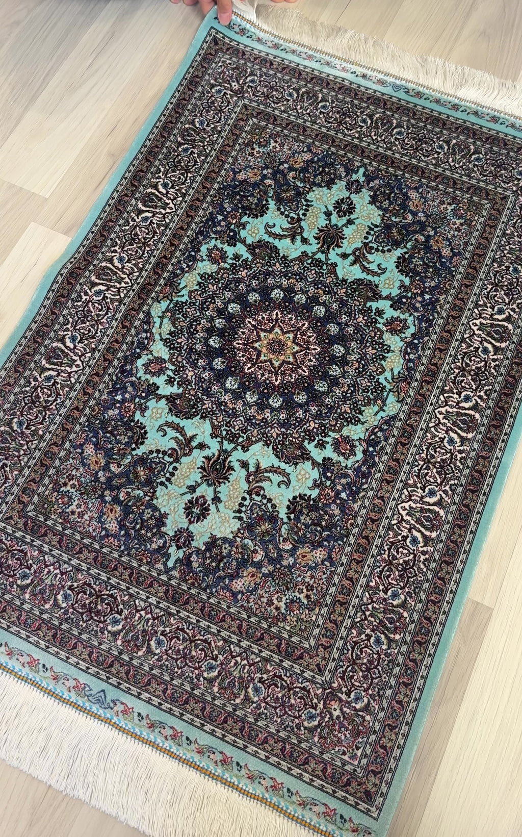 Elegant Persian Bamboo Silk Rug 60x90 cm – Robot-Woven & Hand-Knotted Edges