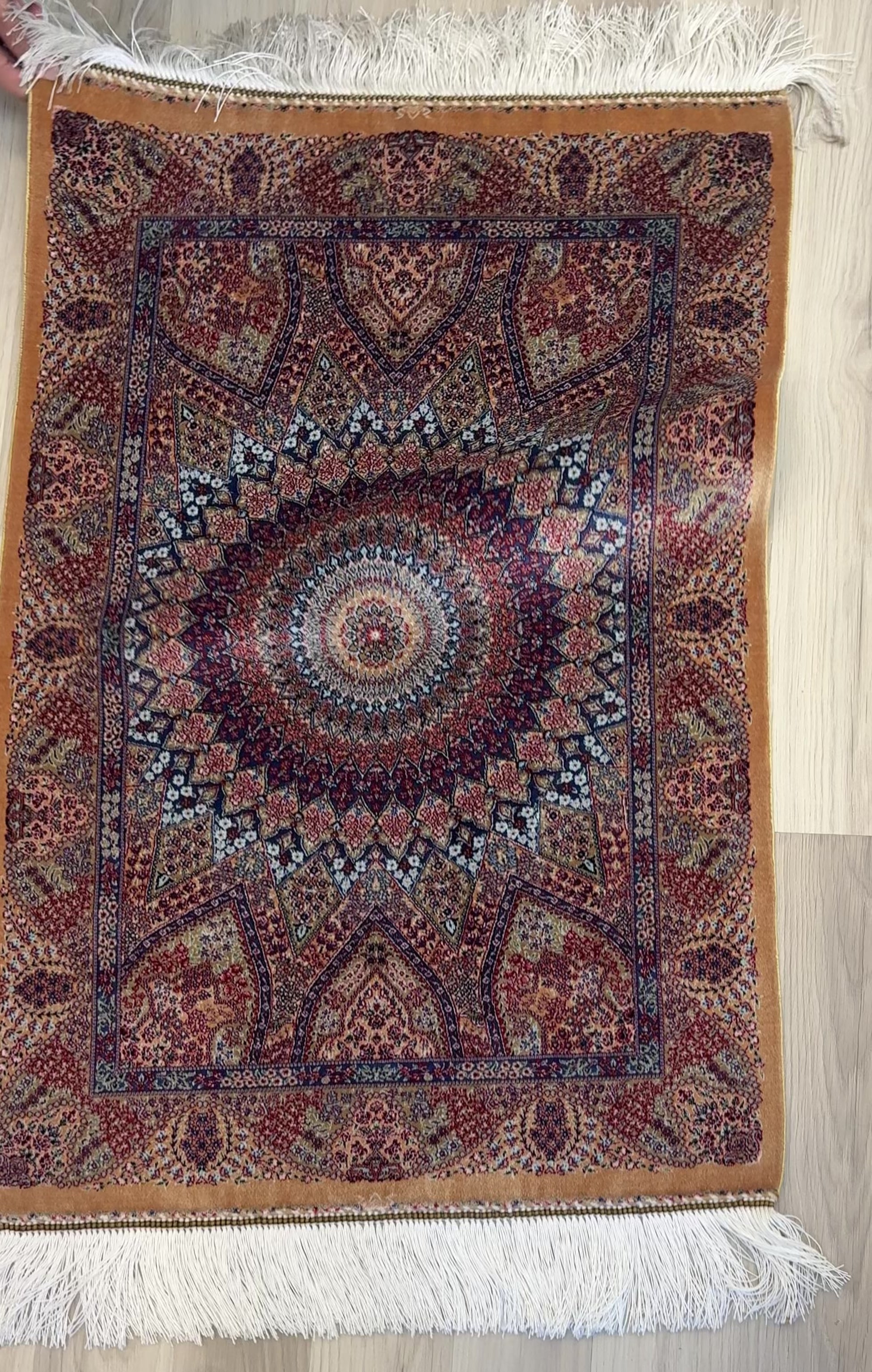 Elegant Persian Bamboo Silk Rug 60x90 cm – Robot-Woven & Hand-Knotted Edges