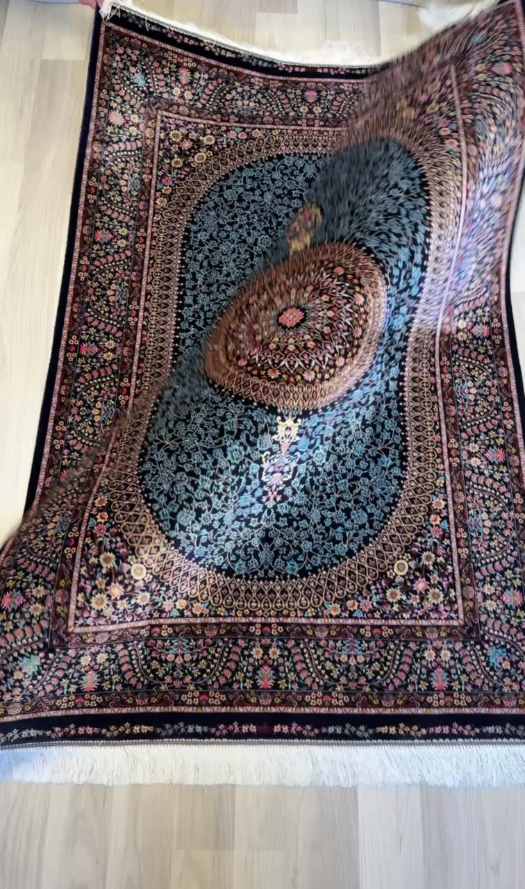 Luxury Persian Bamboo Silk Rug 100x150 cm – Robot-Woven & Hand-Knotted Edges