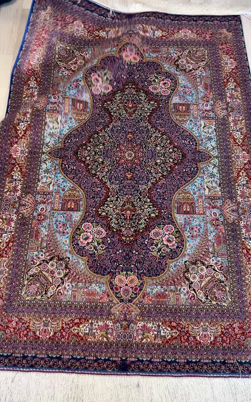 Luxury Persian Bamboo Silk Rug 100x150 cm – Robot-Woven & Hand-Knotted Edges