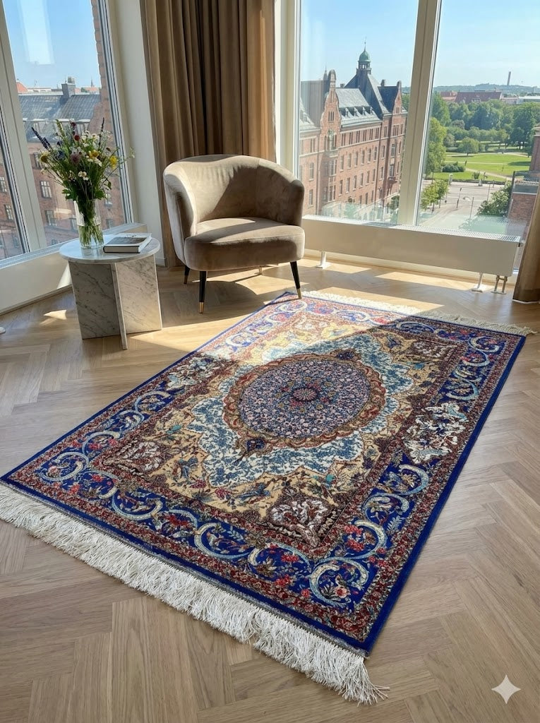 Luxury Persian Bamboo Silk Rug 100x150 cm – Robot-Woven & Hand-Knotted Edges