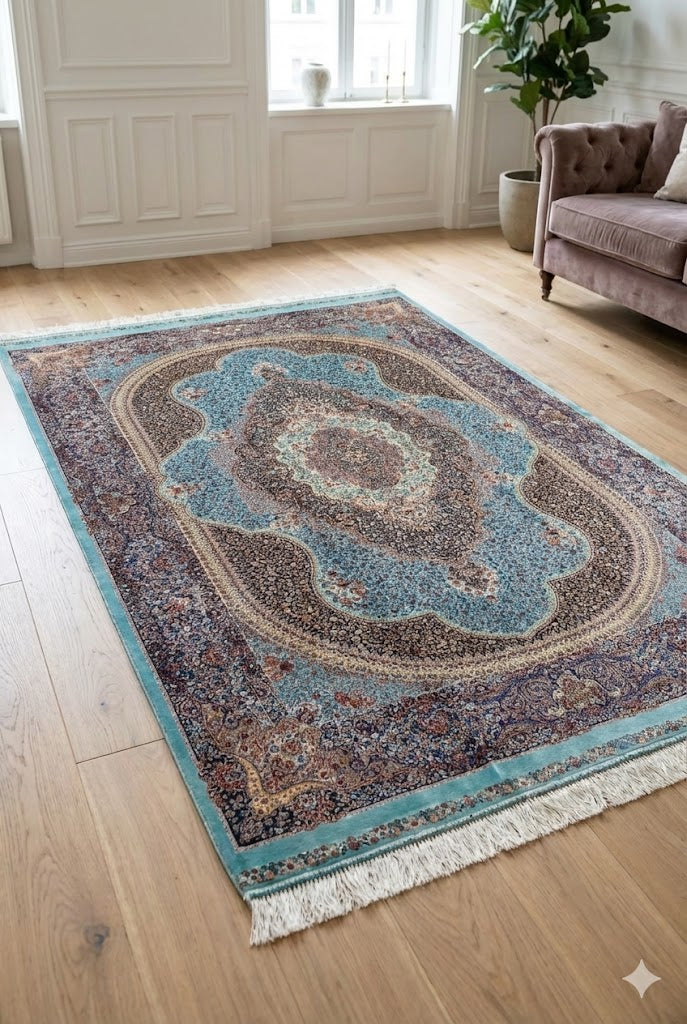 Luxury Persian Bamboo Silk Rug 120x180 cm – Robot-Woven & Hand-Knotted Edges