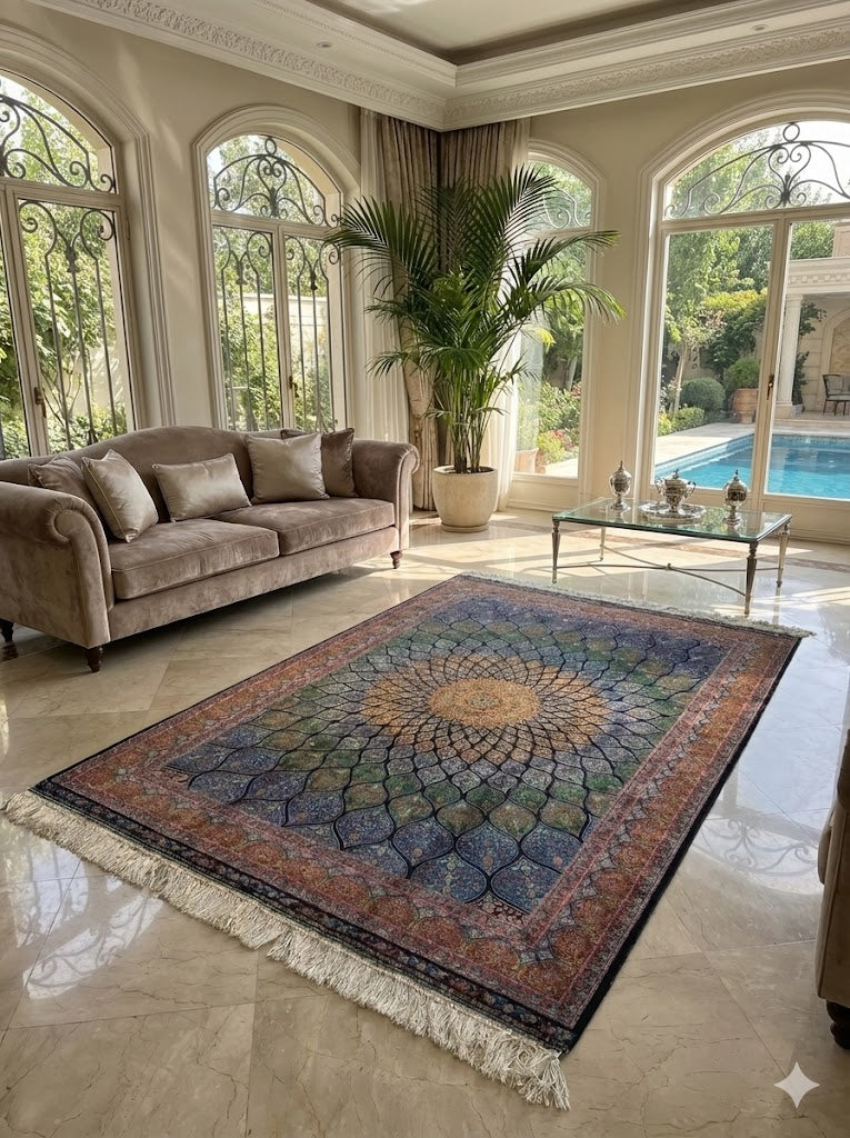 Luxury Persian Bamboo Silk Rug 120x180 cm – Robot-Woven & Hand-Knotted Edges