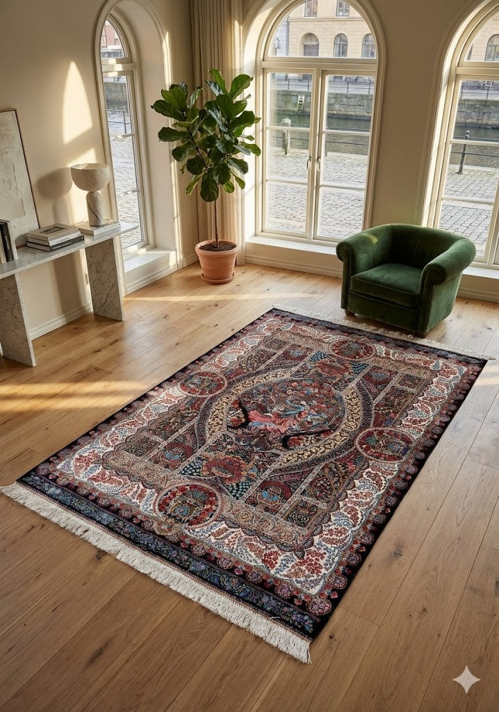 Luxury Persian Bamboo Silk Rug 120x180 cm – Robot-Woven & Hand-Knotted Edges