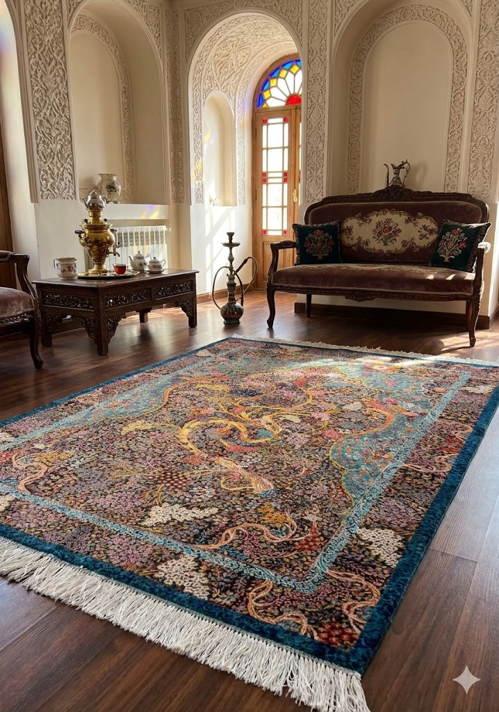 Luxury Persian Bamboo Silk Rug 100x150 cm – Robot-Woven & Hand-Knotted Edges